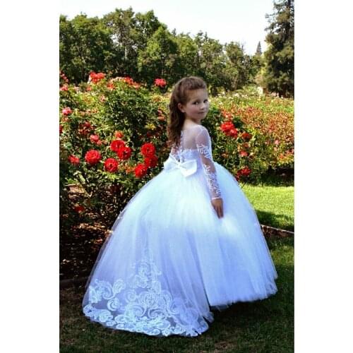 Kids Flower Girls Dresses Beautiful Holy Communion Dresses Lace Long Sleeve Beaded Puffy Ball Gown Prom Pageant Dress For Girls