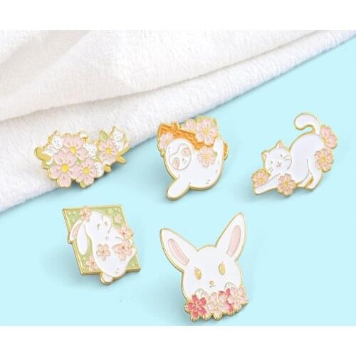 Pink Sakura Rabbit Enamel Pin Sloth Cat Brooches For Women Cartoon Animal Flower Lapel Pins Badges Kitty Jewelry Gifts Wholesale
