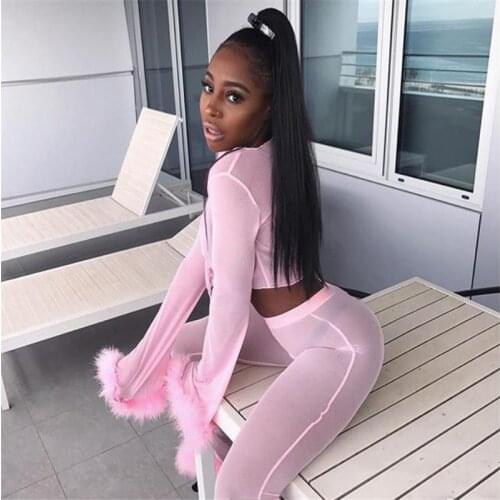 Dourbesty Sexy Women Pants Sets Long SleeveTops with Feather High Waist Flared Trouser Sheer Mesh See-through Slimming Clubwear