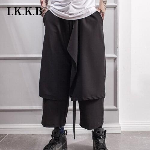 Fashion brand casual pants mens dark black style wide leg pants mens nine point skirt pants large size spring and summer thin