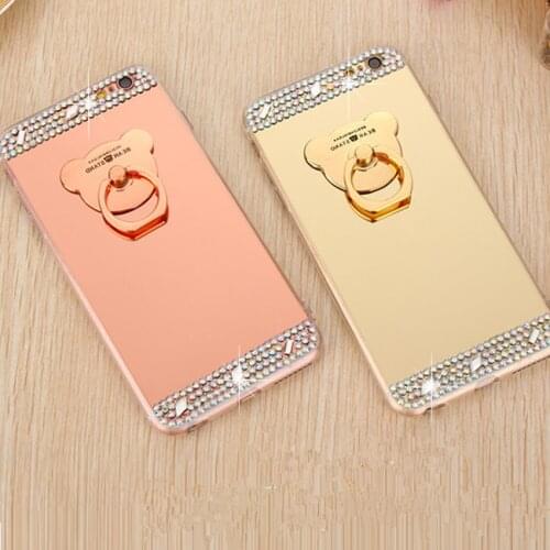 LaMaDiaa Bling Diamond Bear Ring Holder Stand Soft Mirror Phone Case for iPhone 7 8 11 12 pro plus 6 6s plus XR X Max Back Cover