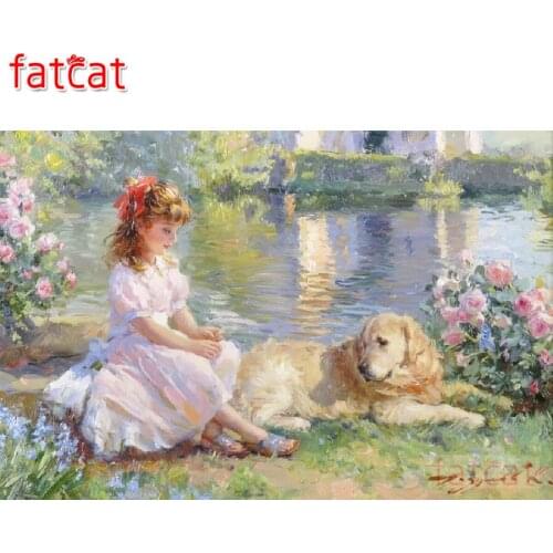 FATCAT 5D DIY Diamond Painting Garden girl and dog Full Diamond Embroidery Cross Stitch kit Mosaic Animals home decor AE1255