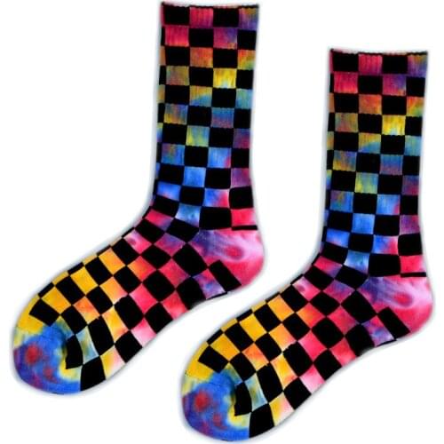 Dyed Socks Mens Middle Tube Sweat Wicking Terry Breathable Street Damp Student Plaid High Tube Socks Womens Cotton Camping