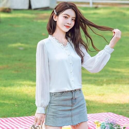 Spring new lace chiffon shirt blouse age reduction pleated sleeve fairy fan Yangqi small shirt super fairy