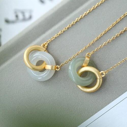 Original Design Natural Hetian White Jade Double Round Interlocking Necklace Pendant Simple Charm Chinese Lady Jewelry