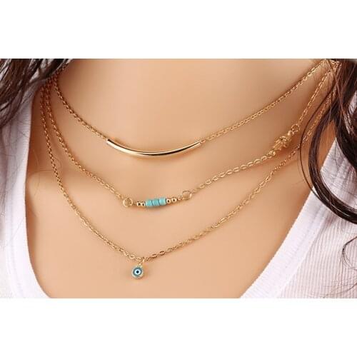 New Product Launch Cheap Marketing Gift 2020 New Fashion Beaded Brass Blue Eyes Multi-layer Necklace Fashion Girl Wholesale Gift