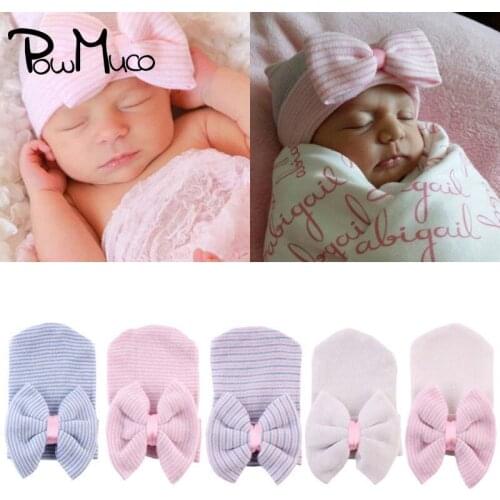 Powmuco 10*9 CM Fashion Striped Big Bowknot Infant Hat Soft Cotton Baby Girls Caps Kids Accessories Newborn Photography Headwear