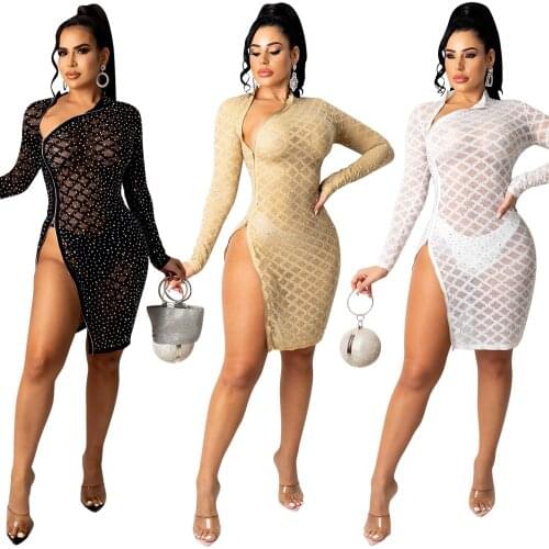 Sexy Zipper High Split Mesh Dress with Hot Rhinestones Long Sleeve Bodycon Party Dresses Women See Through Evening Knee Dress