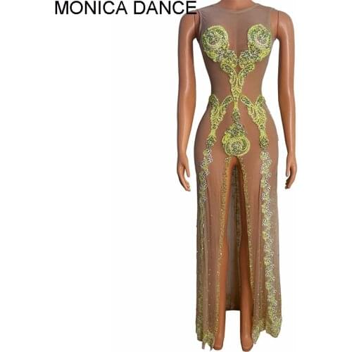 Sexy Stage Yellow Rhinestone Split Transparent Mesh Dress Birthday Celebrate Evening Dance Costume Prom Dancer Show Dresses