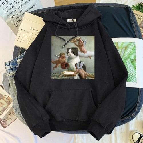 Hoodie Little Angel And Cat Printing Sweatshirt Woman With Hood Aesthetic Korean Couple Clothes Warm Harajuku WomenS Hoodies