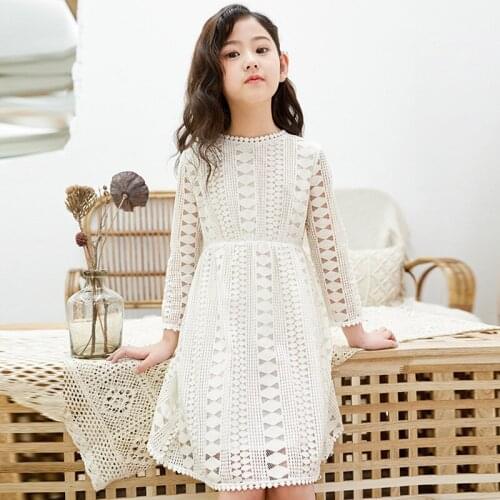 Spring Summer Kids Dresses Teenage White Blue Wedding Party Dress Princess Girls Lace Dress Long Sleeve Dress Children Clothing