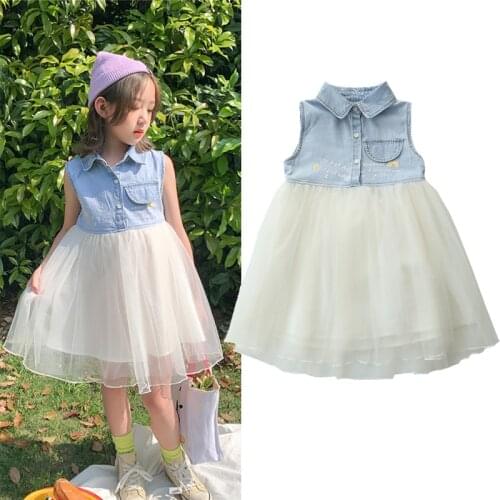 VOGUEON Girl Denim Dress 2021 Fashion Patchwork Mesh Dresses Summer Children Clothes Princess Dress Button 3-12 Yrs Girl Dresses