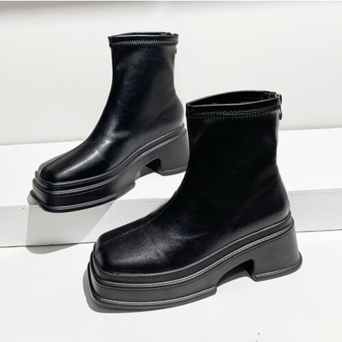 2021 New Winter Shoes Women Ankle Boots Fashion Square Toe Wedges Platform High Heels Boots Women Autumn Pu Leather Wild Booties