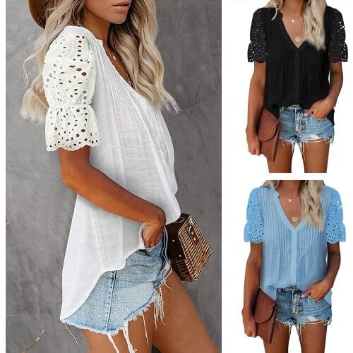 WomenS Casual Lace Crochet Round Hole Shirt V-Neck Loose Blouse Solid Color Button Cut-Out Shirt Blouse Spring And Summer Club
