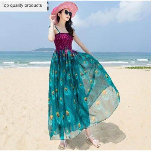 Women Summer Beach Boho Maxi Dress 2020 Casual Tops Peacock print Vintage Chiffon Long Party Dresses Sundress Feminine LX110