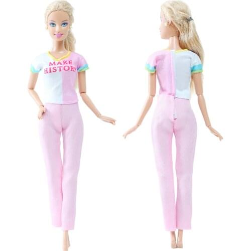 BJDBUS 1 Set Pink Doll Outfit Letter Shirt Trousers Casual Wear Lady Clothes for Barbie Doll Baby Girl DIY Accessories Toys