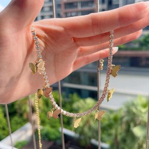 3Pcs Butterfly Eye Shape Charms Pendant Necklace Women Crystal CZ Tennis Chain Choker Necklace Fashion Statement Jewelry