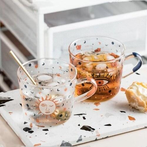 500ml Creative Sun Eye Pattern Glass Mug With Scale Breakfast Mlik Coffe Cup Household Couple Water Cup Funny Drinkware Gift