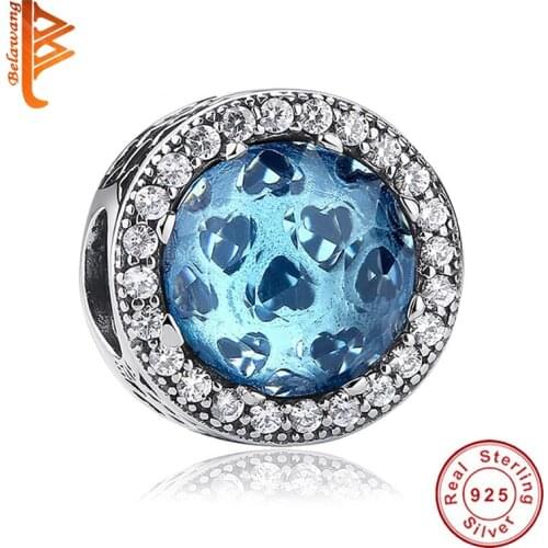 BELAWANG 1pcs 100% Sterling Silver Blue Color Glass Clear Crystal Beads Charm fit Women Bracelet DIY Jewelry Making