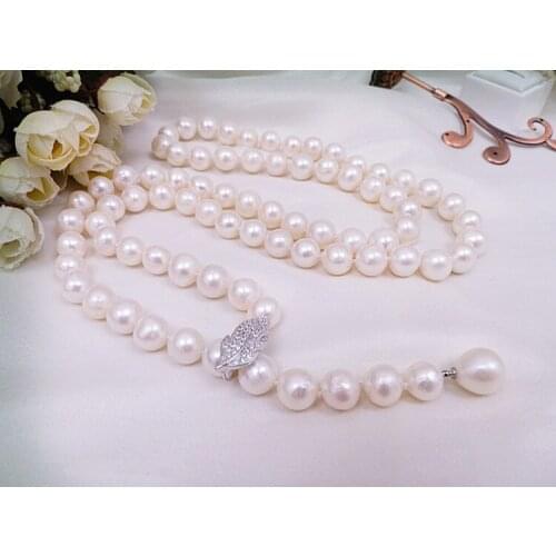 100% natural 9-10mm freshwater pearl sweater chain micro inlay zircon Leaves long necklace 32inch jewelry