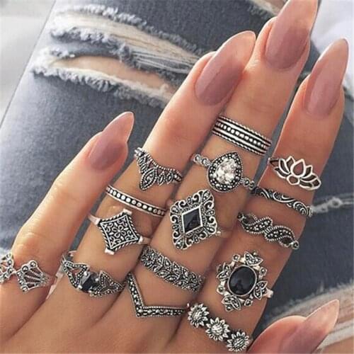 15pcs Women Fashion Anel Aneis Bague Femme Stone Midi Finger Rings Boho Jewelry Vintage Knuckle Ring Set Jewelry Accessories