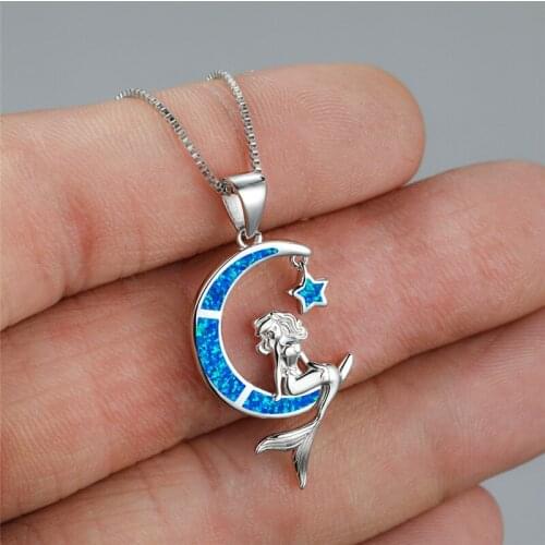 Creative Blue Opal Mermaid Wedding Necklace Cute Female Moon Star Pendant Necklace Charm Silver Color Chain Necklaces For Women