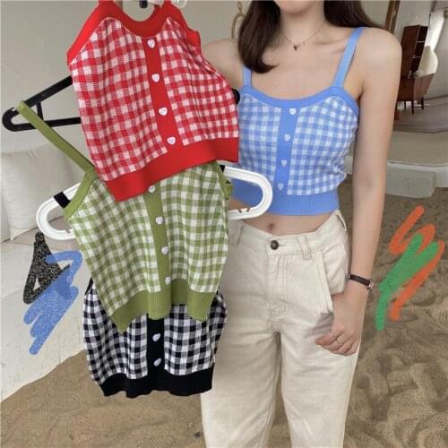 Women Vintage Tank Tops Plaid Knitted Camisoles Spaghetti Straps Sleeveless Buttons Female Basic Tees Summer Skinny Chic Tops