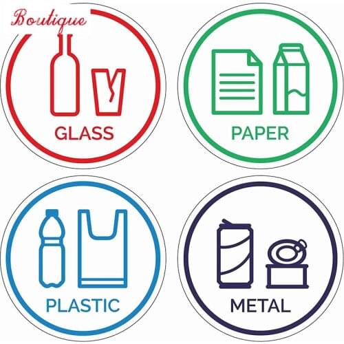 Glass, paper, plastic label stickers, self-adhesive vinyl recycling label - environmental protection garbagerecycling stickers