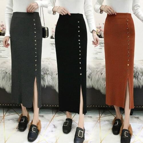 New Winter Autumn Women Knit Skirt Fashion Midi Long Pencil Skirt Japanese Korean Style Mid-Length split High Waist Skirt Female