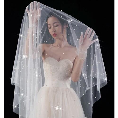 Wholesale Bead Bridal Veil One- Layer Pearl Blusher Wedding Dress Veil