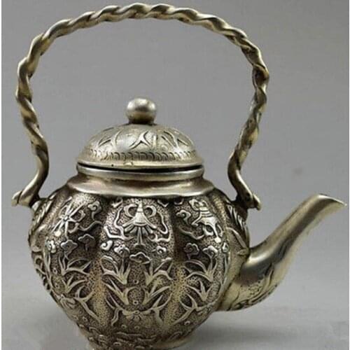 Elaborate Chinese manual collection old Tibetan silver flower fish teapot