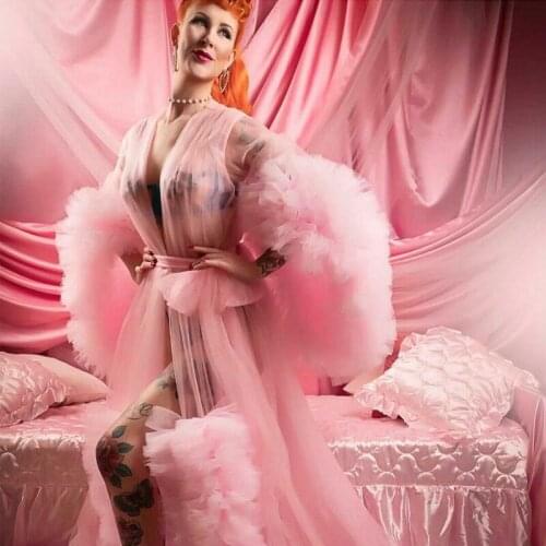 Chic Pink Pregnant Women Dress Sexy Photograph Robes Sleepwear Ruffles Robe Tiered Gown Bathrobe Party Wedding Nightdress