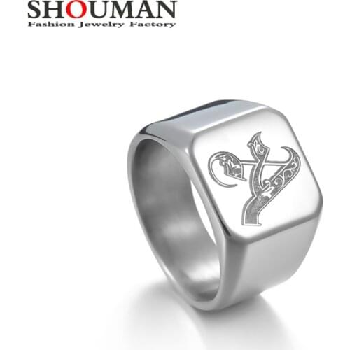SHOUMAN Retro Initials Signet Ring for Men Women Bulky Heavy Stamp Band Stainless Steel Custom Name Photo Letters Jewelry Gift