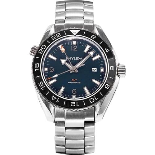 PHYLIDA 2021 Calendar 3bar Blue Luxury Male Gmt Double-Time Automatic Watch Sea Ocean Homage Sapphire Crystal Bracelet