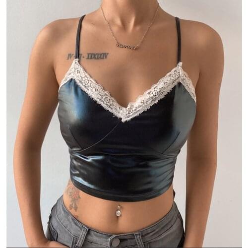 Women Sexy Lace Patchwork Camisole Fashion Summer Vintage Sleeveless Solid Color V-neck Slim Cami Top for Daily Streetwear