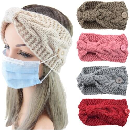 Handmade bow winter wool knit warm women headbands with buttons solid ladies turban outdoor sports headwear hair ribbons