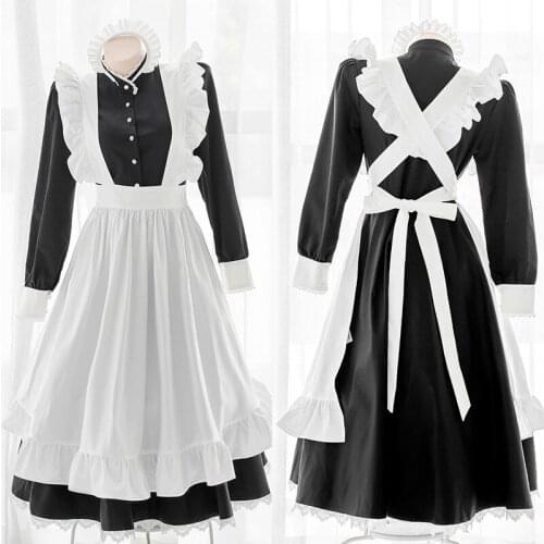 Japanese Sweet Lovely Apron Elegant Dress Cosplay Black White Vintage England Lolita Traditional Maid Long Dress Uniform Suit