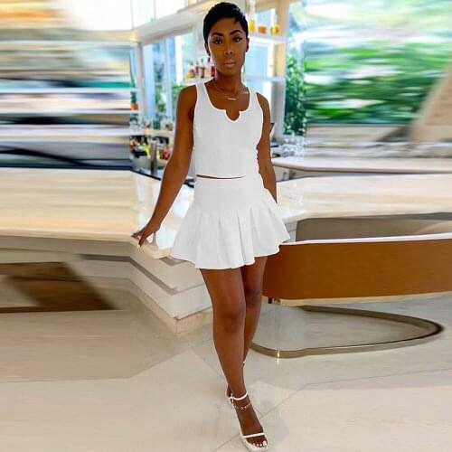 Solid Pleated Fitness 2 Two Pieces Set Womens Clothing Skinny Sleeveless Tank Top and High Waist Draped Mini Skirt Party Suits