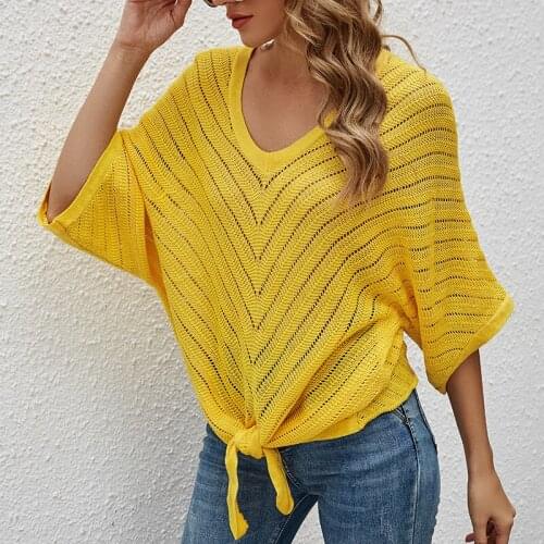V Neck Batwing Half Sleeve Solid Color Hollow Out Loose T Shirt Women Casual Fashion Sexy Knitting Streetwear Plus Size Tops