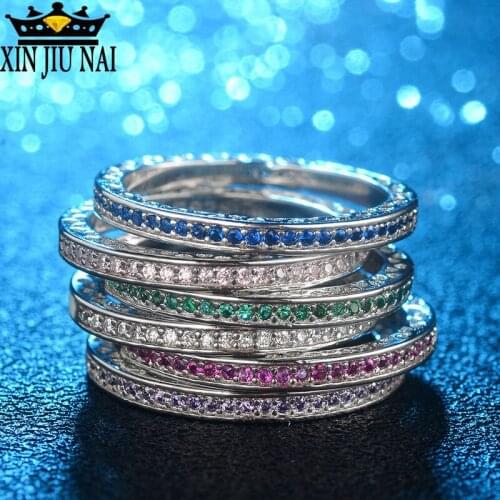 6 Colors Anniversary Ring Rhinestone Austrian Colored Crystal Cz Enamel 925 Silver Party Wedding Band Rings For Women Jewelry