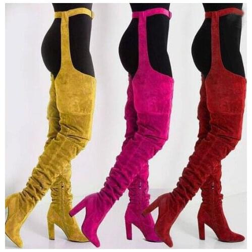 New Solid Suede Leather Women Over Knee Long Boots Pointed Toe Ladies Belt Thigh High Boots Chunky High heels Long Boots Yellow
