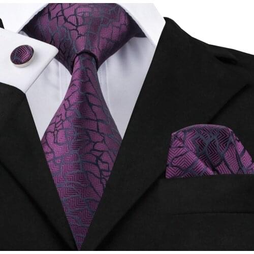 SN-1004 Black Purples Novelty Tie Hanky Cufflinks Sets Mens 100% Silk Ties for men Formal Wedding Party Groom