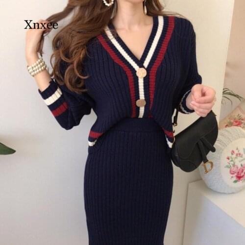 Two Piece Set Women Korean Autumn and Winter V-Neck Bordered Contrast Color Knitted Sweater + High Waist Bodycon Skirt