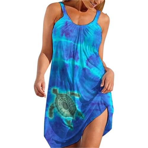 Women Cartoon Sea Turtle Printed Gradient Beach Dress Casual Sleeveless Short Tank Dresses Vacation Backless Sundress Vestidos