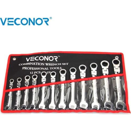 12Pcs Ratchet Wrench Key Set Spanner Tools Set 8-19mm Mirror Polish 72T Ratchet Flexible Head Spanners with Free Storage Pouch