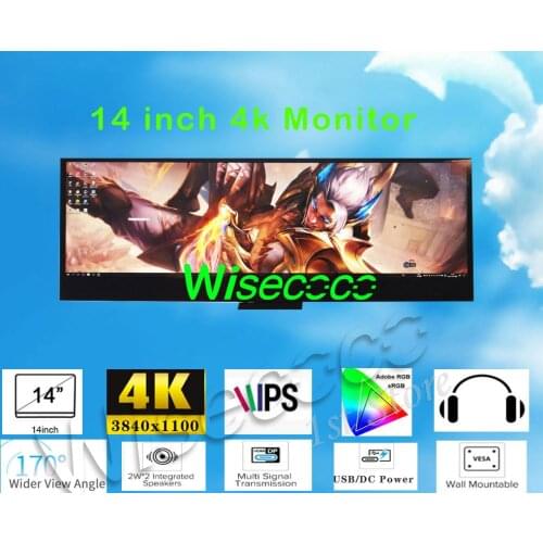 Wisecoco 14 Inch Monitor 4k 3840*1100 IPS LCD With Case Computer Temperature Memory Display Sub Screen DP USB 5V
