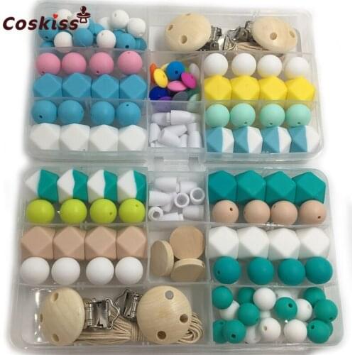 2pc DIY Baby Teether Accessories Geometry Hexagonal Round Silicone Bead Wooden Pacifier Clip Breakaway Safety Clasp For Bracelet