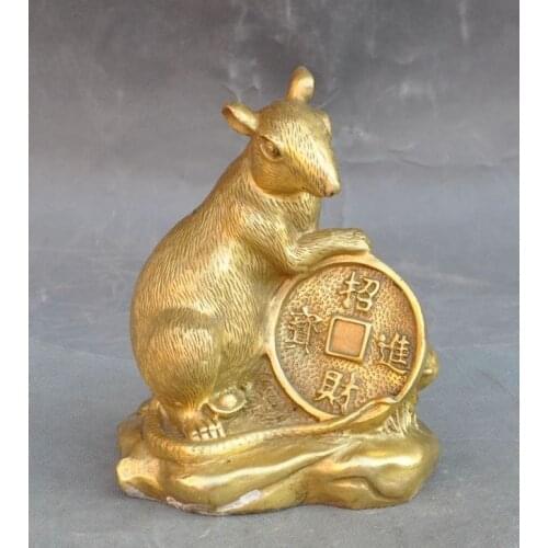 6" Lucky Chinese Brass Fengshui Wealth yuanbao money Coin Mice Rat Mouse Statue