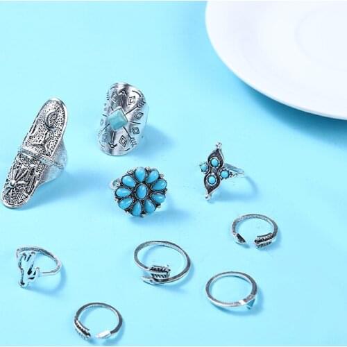 9Pcs Vintage Totem Rings Set Bohemian Totem Carved Pattern Punk Ring Women Simple Open Adjustable Ring Fashion Jewelry Gifts