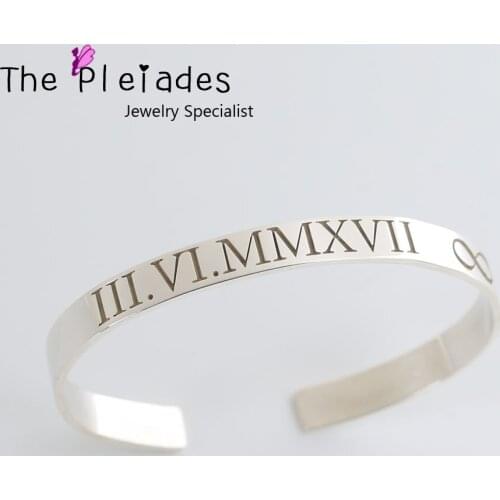 925 Sterling Silver Cuff Bangle Engrave Roman Number Personalized Date Infinity Bangle Customized Gift